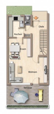 Grundriss EG Terrassenhaus mit Neckarblick und Garage in einer Sackgasse in Neckarrems